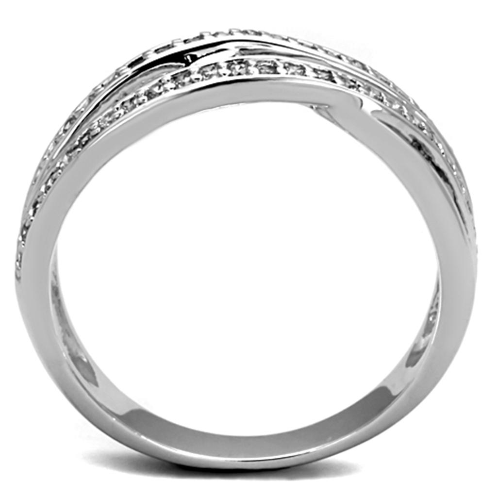 3W782 Rhodium Brass Ring featuring a clear AAA Grade CZ stone, showcasing its elegant design and shiny finish.