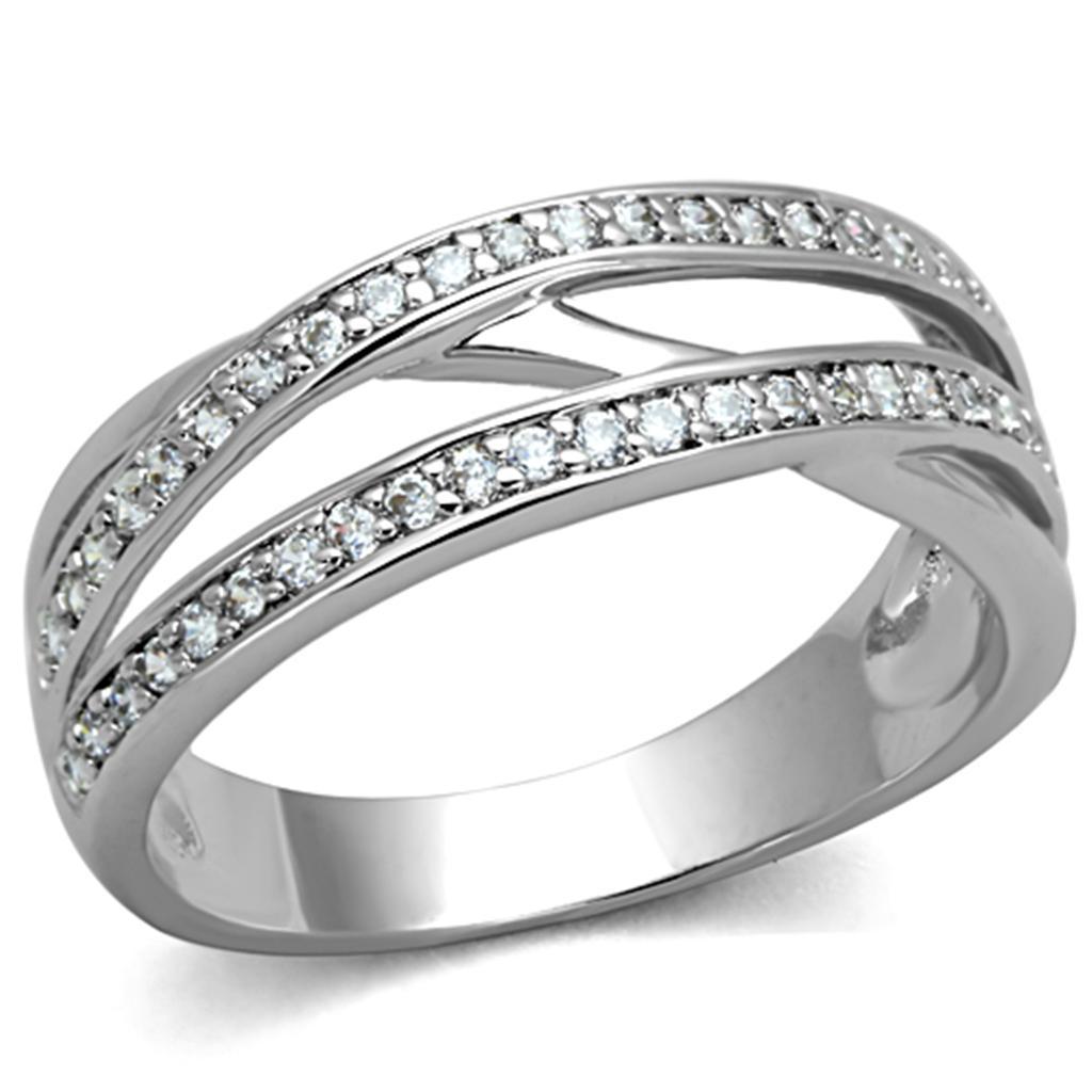 3W782 Rhodium Brass Ring featuring a clear AAA Grade CZ stone, showcasing its elegant design and shiny finish.