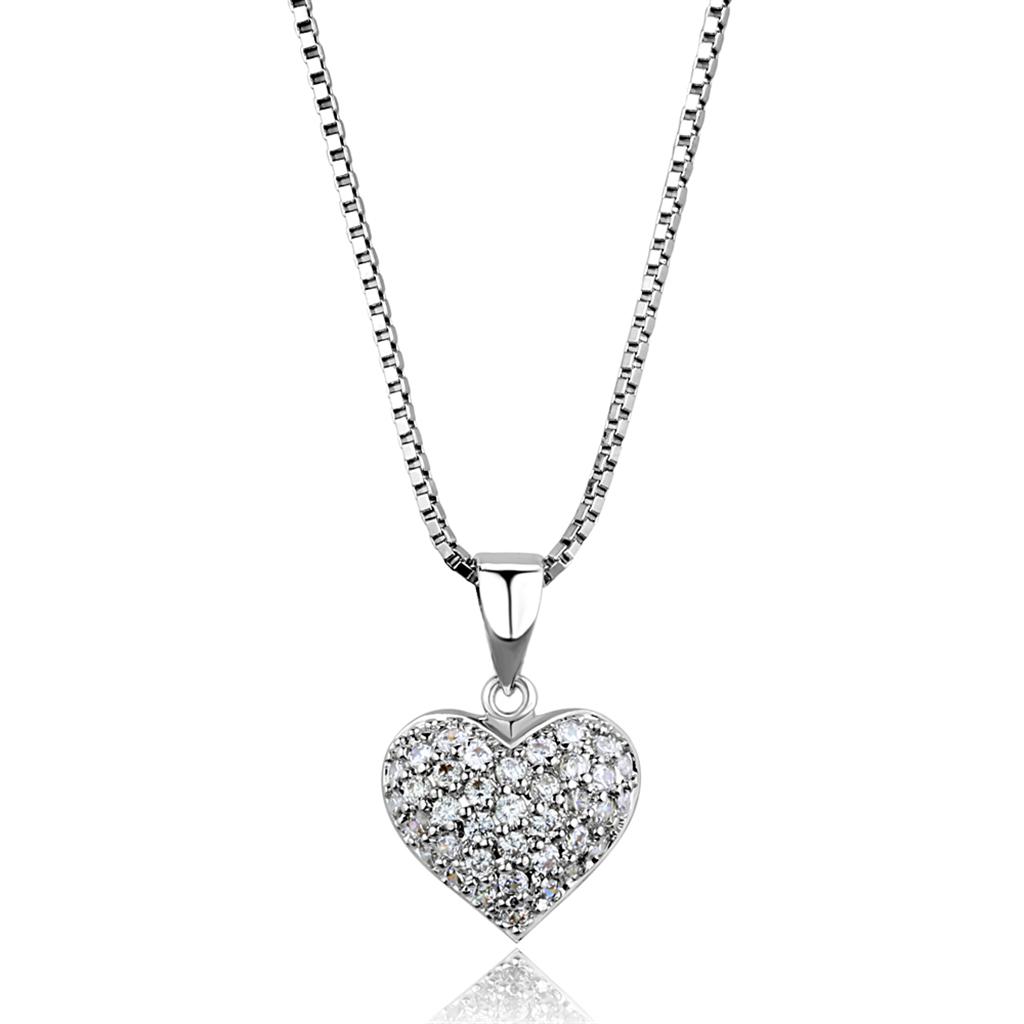 3W793 Rhodium Brass Chain Pendant featuring a clear AAA Grade CZ stone, elegantly designed for versatile wear.