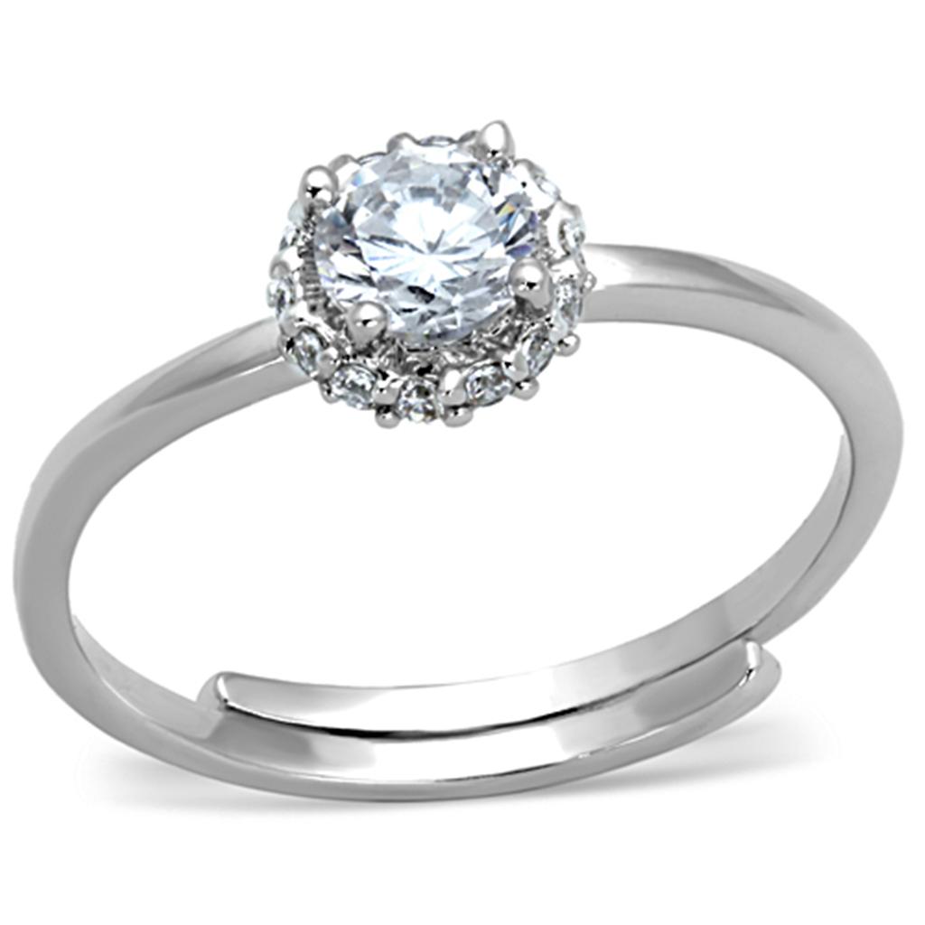 3W795 Rhodium Brass Ring featuring a clear AAA Grade CZ stone, showcasing its elegant design and luxurious finish.