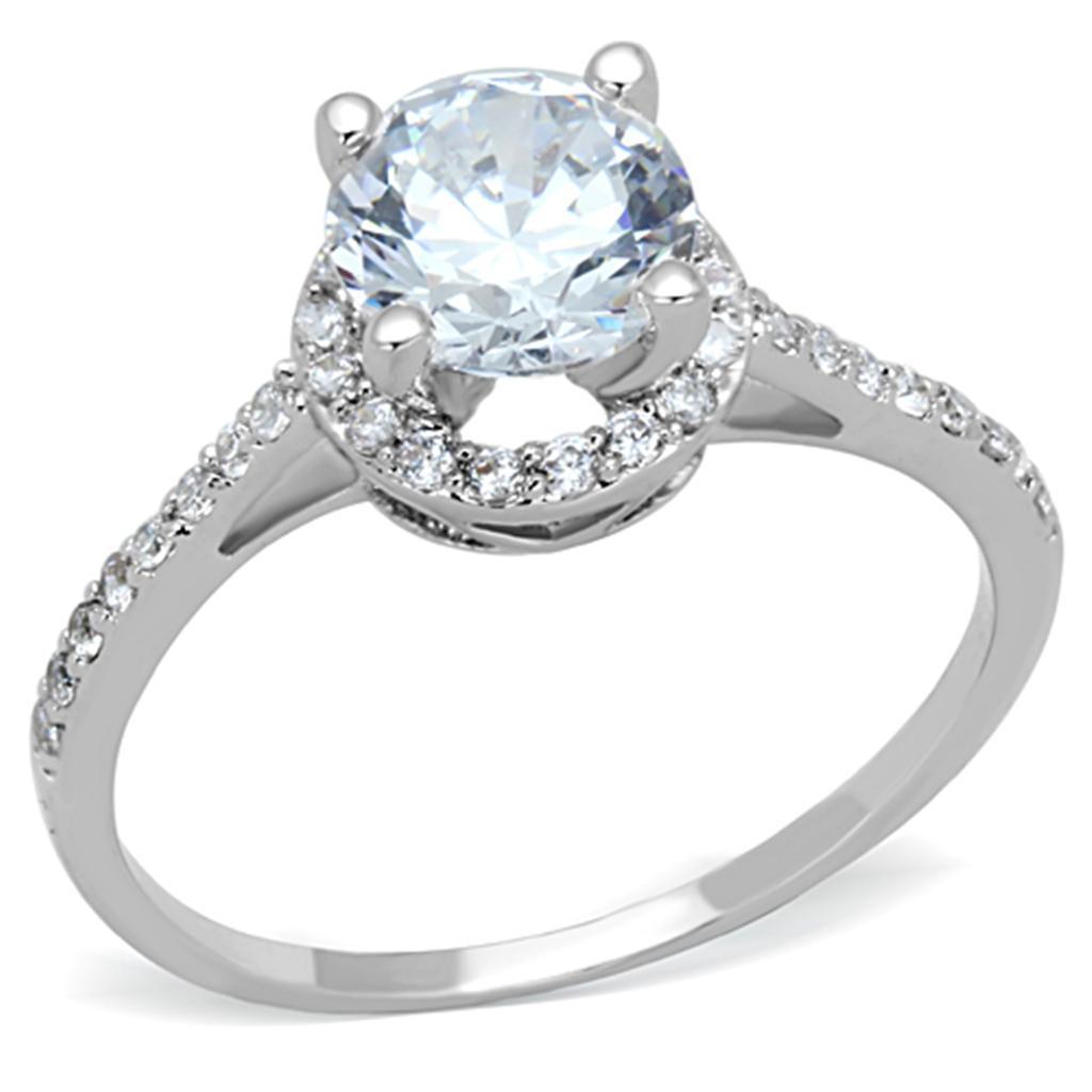 3W801 Rhodium Brass Ring featuring a clear AAA Grade CZ stone, showcasing its elegant design and sparkling finish.