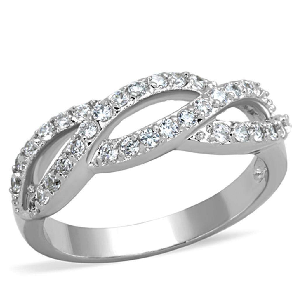 3W809 Rhodium Brass Ring featuring a clear AAA Grade CZ stone, showcasing its elegant design and shiny finish.