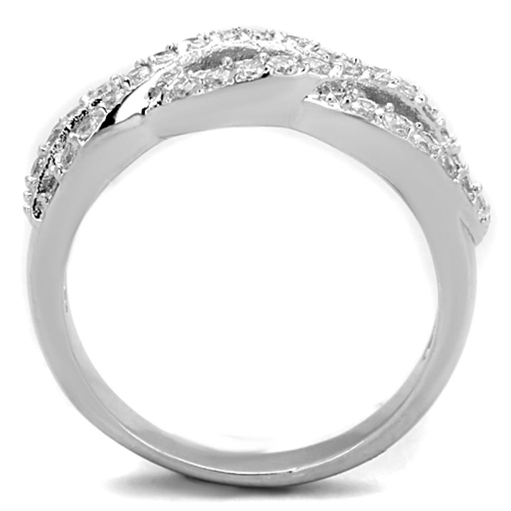 3W809 Rhodium Brass Ring featuring a clear AAA Grade CZ stone, showcasing its elegant design and shiny finish.