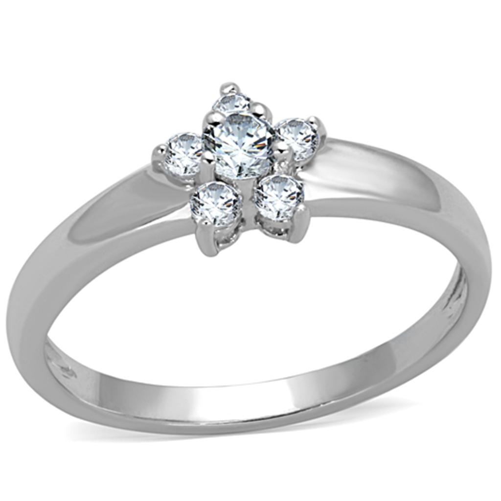 3W814 Rhodium Brass Ring featuring a clear AAA Grade CZ stone, showcasing its elegant design and shiny finish.