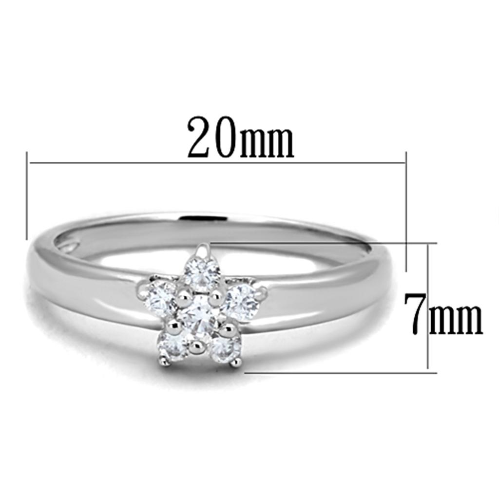 3W814 Rhodium Brass Ring featuring a clear AAA Grade CZ stone, showcasing its elegant design and shiny finish.