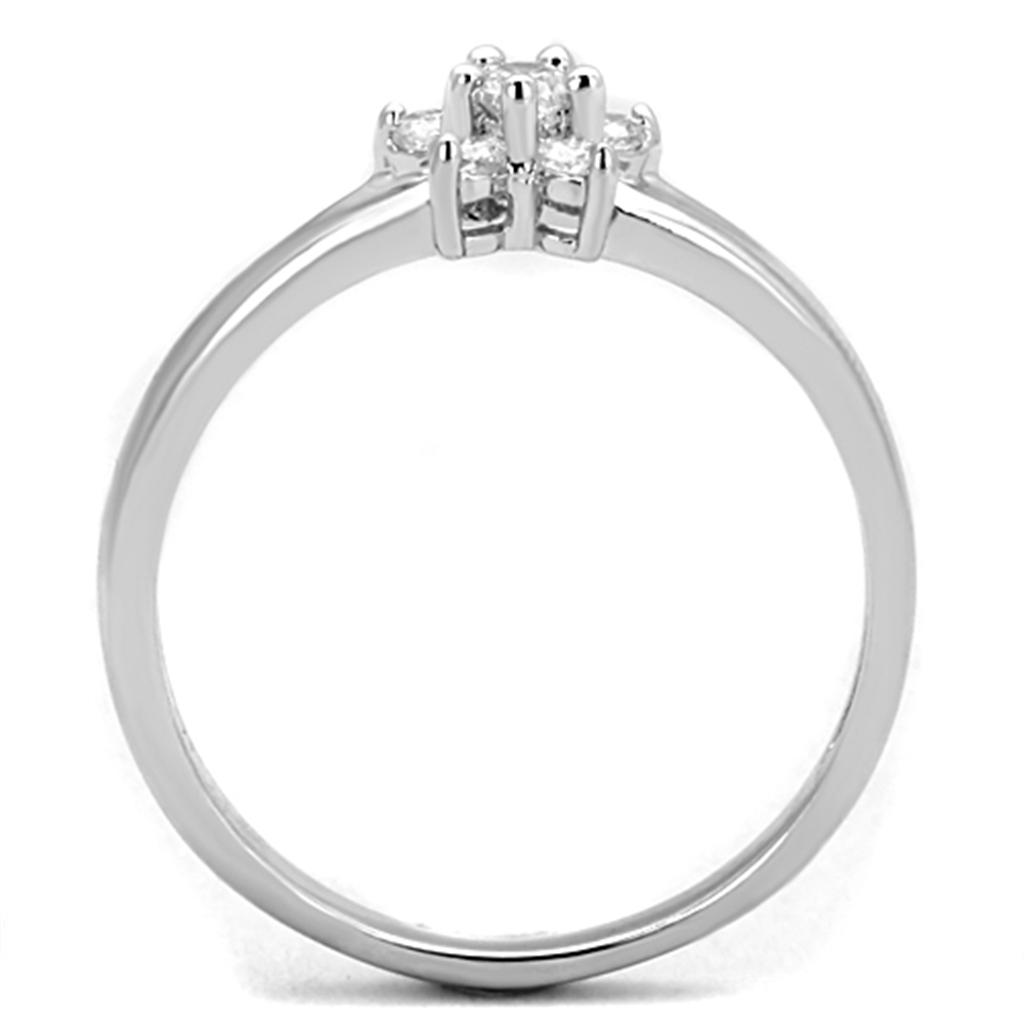 3W814 Rhodium Brass Ring featuring a clear AAA Grade CZ stone, showcasing its elegant design and shiny finish.