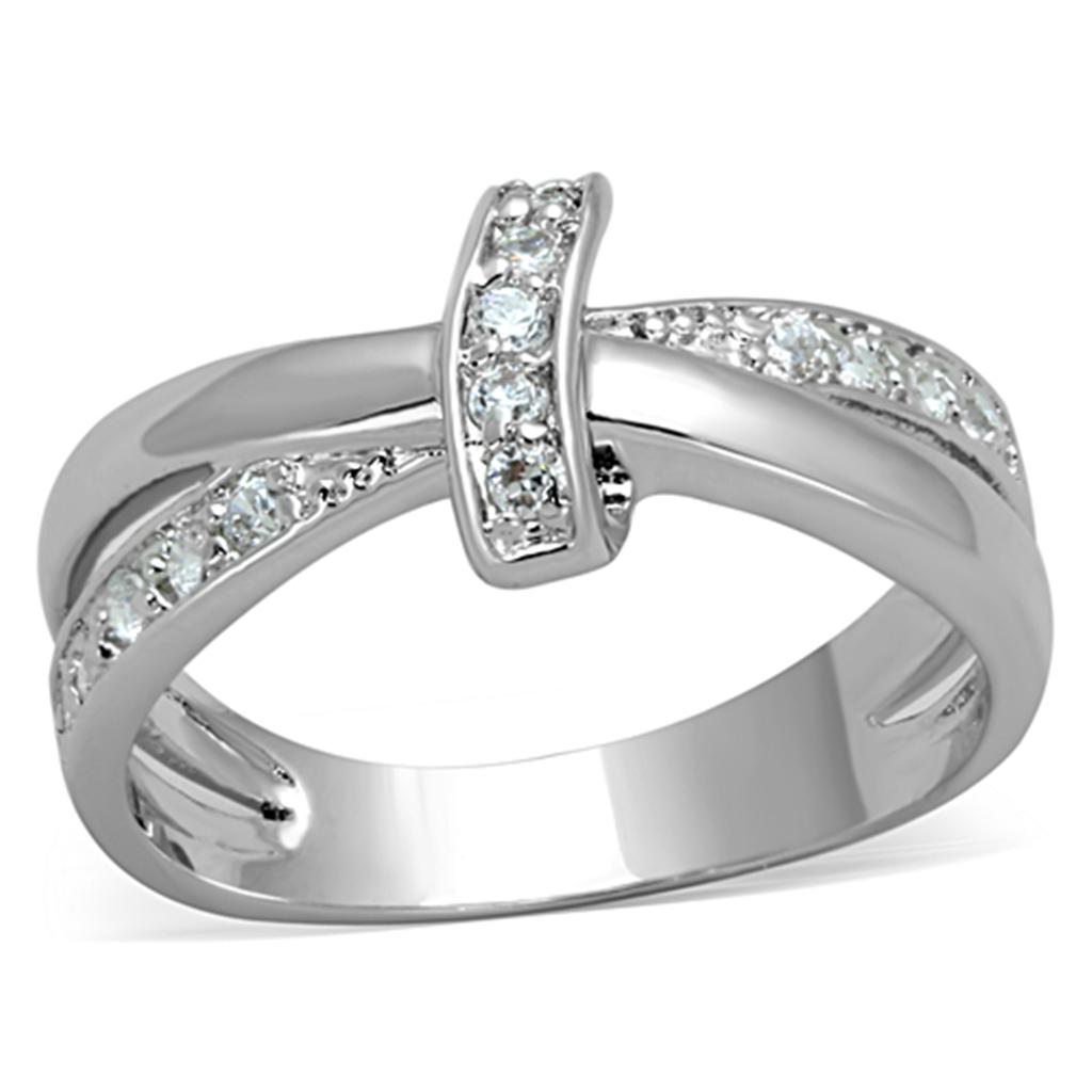 3W819 Rhodium Brass Ring featuring a clear AAA Grade CZ stone, showcasing its elegant design and shiny finish.