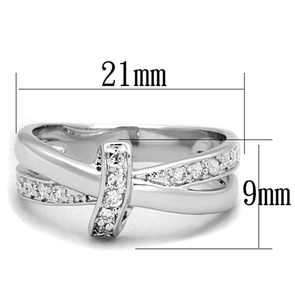 3W819 Rhodium Brass Ring featuring a clear AAA Grade CZ stone, showcasing its elegant design and shiny finish.