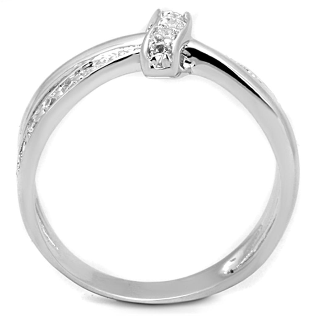 3W819 Rhodium Brass Ring featuring a clear AAA Grade CZ stone, showcasing its elegant design and shiny finish.