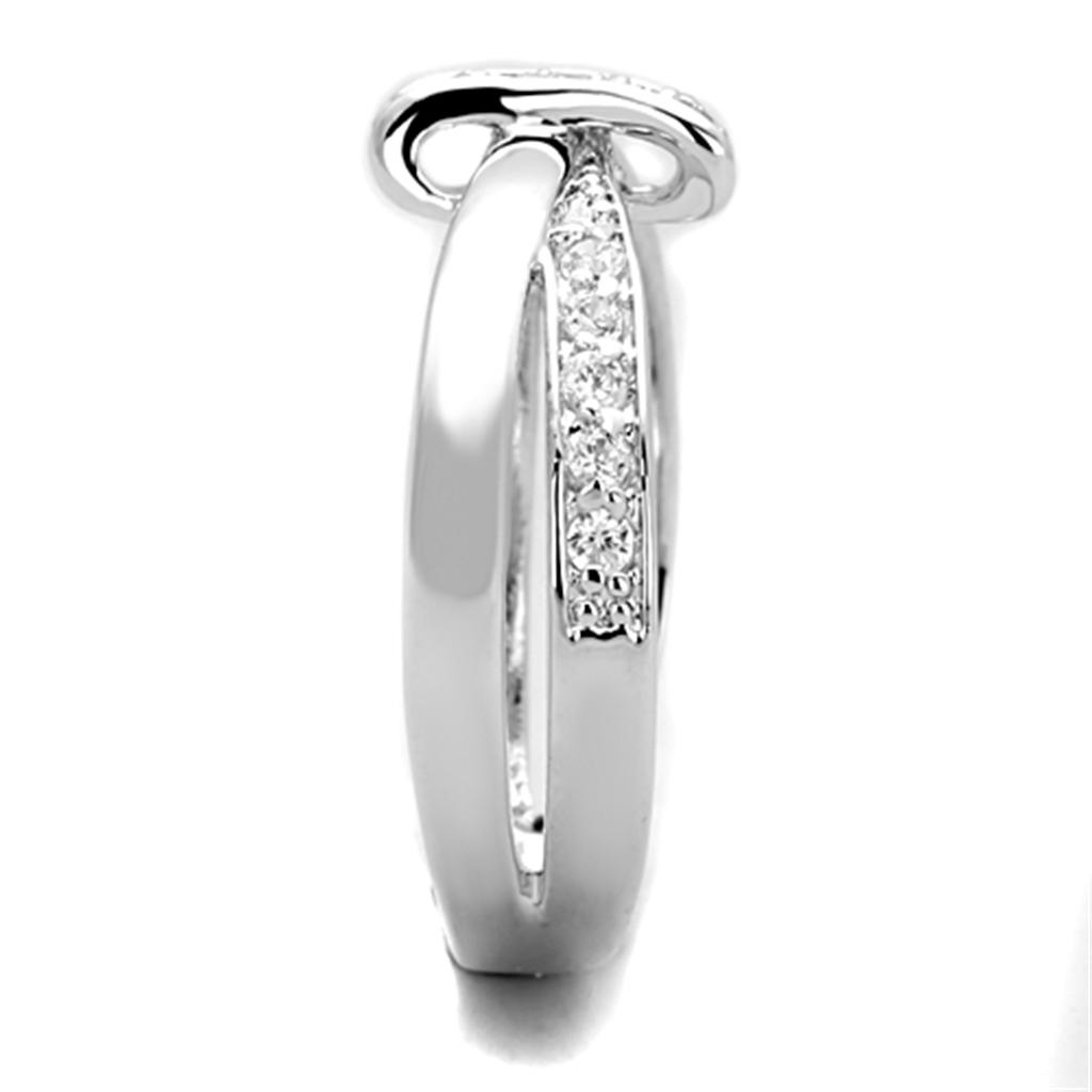 3W819 Rhodium Brass Ring featuring a clear AAA Grade CZ stone, showcasing its elegant design and shiny finish.