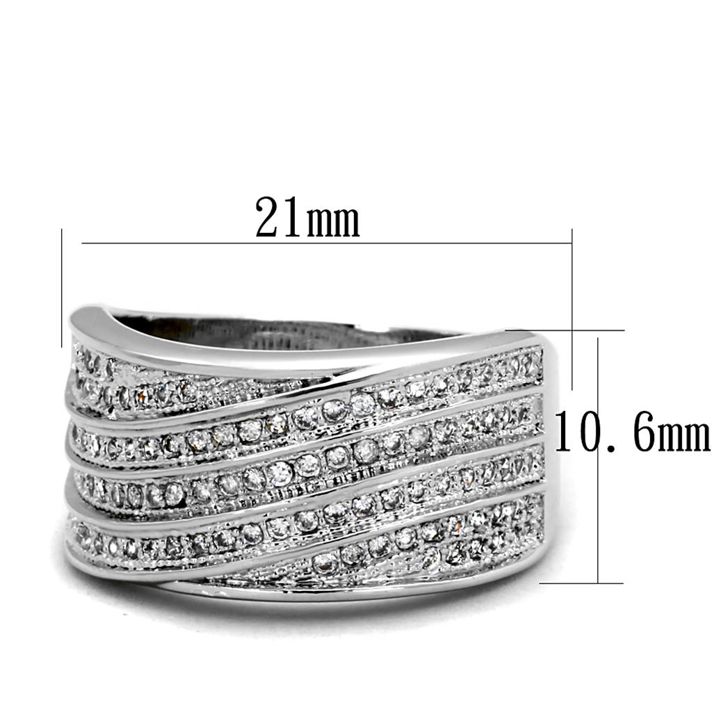 3W882 Rhodium Brass Ring featuring a clear AAA Grade CZ stone, showcasing its elegant design and shiny finish.