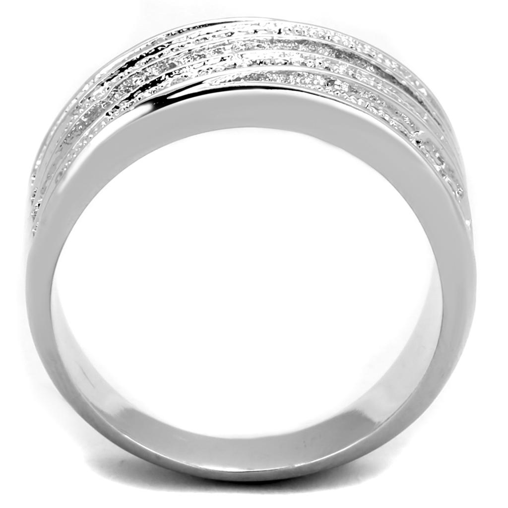 3W882 Rhodium Brass Ring featuring a clear AAA Grade CZ stone, showcasing its elegant design and shiny finish.