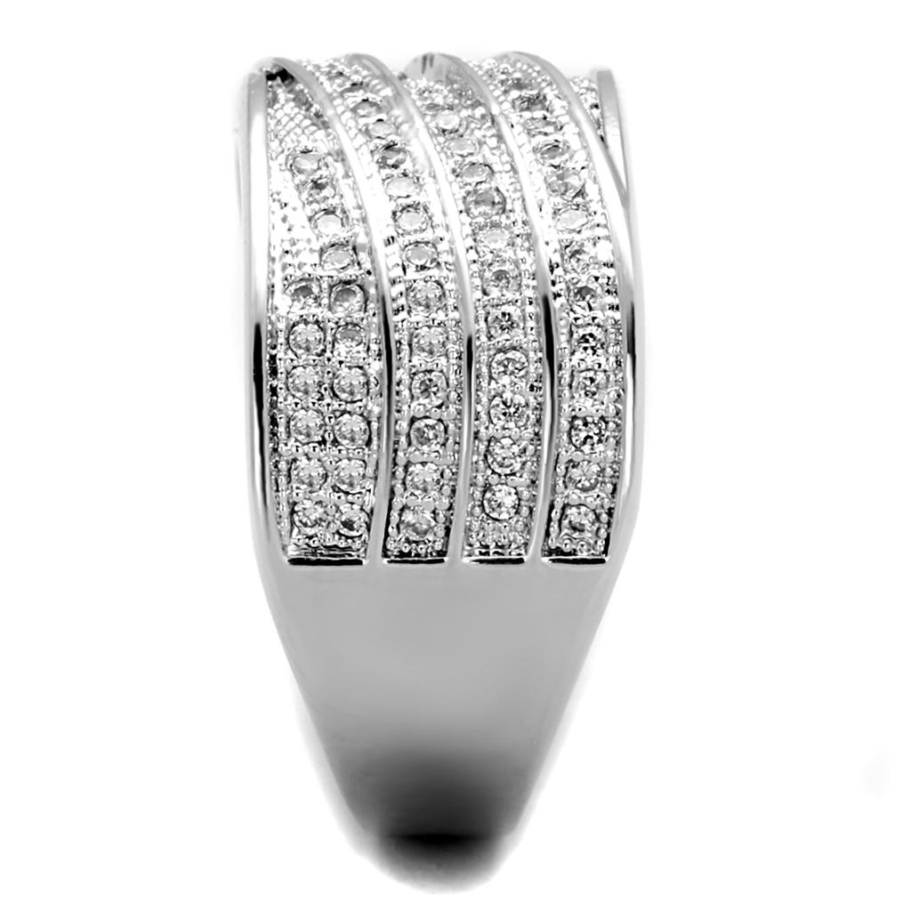 3W882 Rhodium Brass Ring featuring a clear AAA Grade CZ stone, showcasing its elegant design and shiny finish.