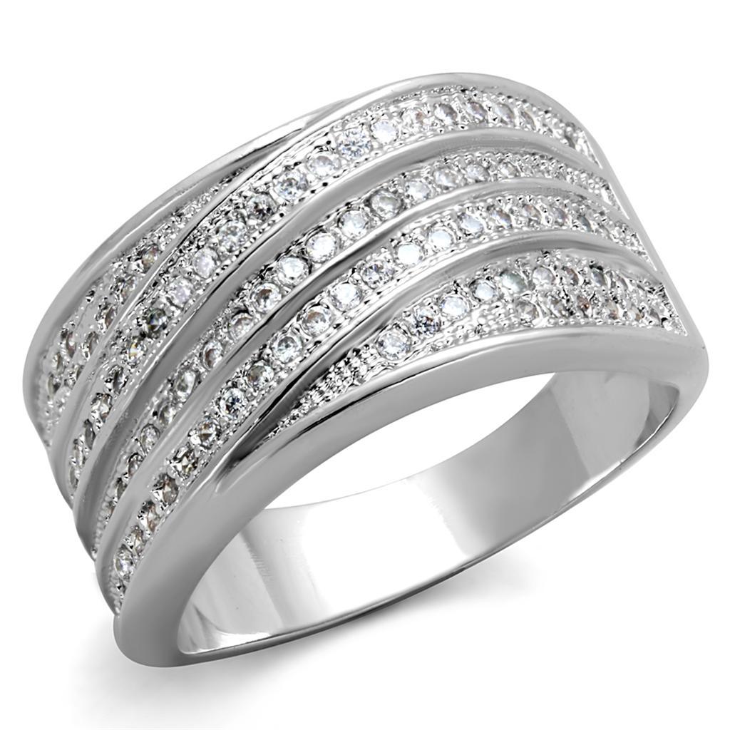 3W882 Rhodium Brass Ring featuring a clear AAA Grade CZ stone, showcasing its elegant design and shiny finish.