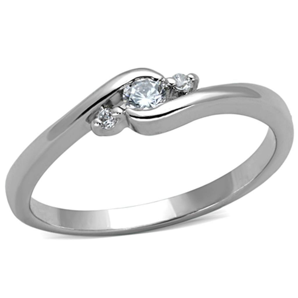 3W822 Rhodium Brass Ring featuring a clear AAA Grade CZ stone, showcasing its elegant design and high-quality finish.