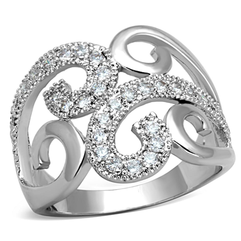 3W827 Rhodium Brass Ring featuring a clear AAA Grade CZ stone, showcasing its elegant design and shiny finish.