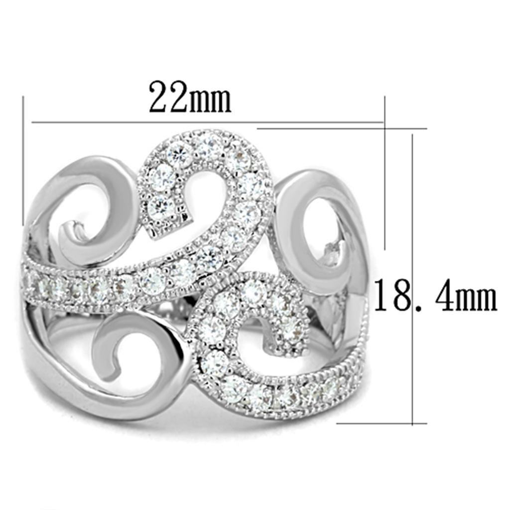 3W827 Rhodium Brass Ring featuring a clear AAA Grade CZ stone, showcasing its elegant design and shiny finish.