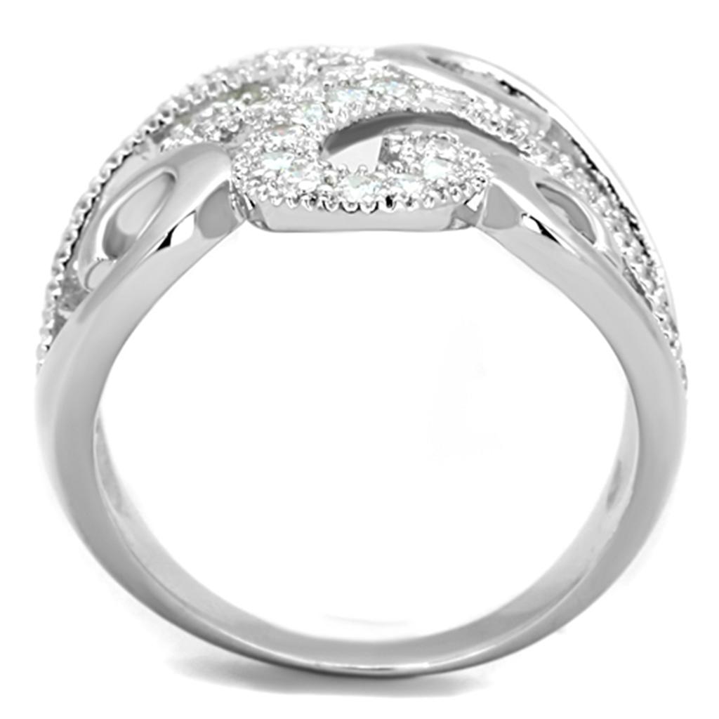 3W827 Rhodium Brass Ring featuring a clear AAA Grade CZ stone, showcasing its elegant design and shiny finish.