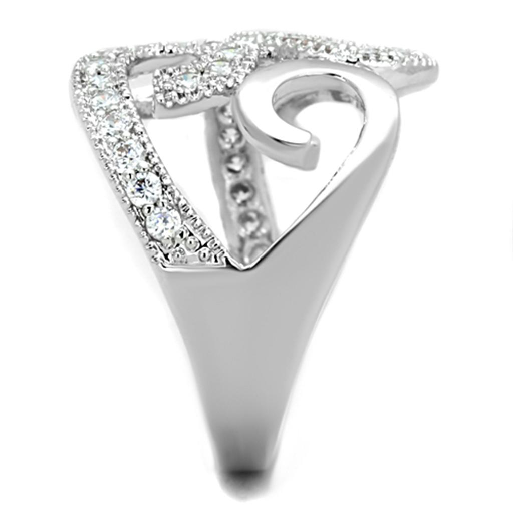 3W827 Rhodium Brass Ring featuring a clear AAA Grade CZ stone, showcasing its elegant design and shiny finish.