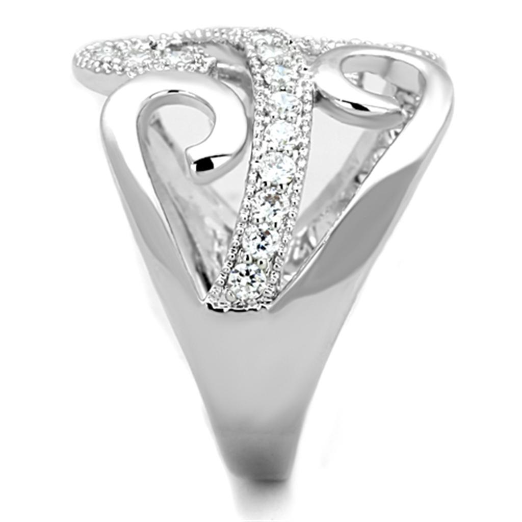 3W827 Rhodium Brass Ring featuring a clear AAA Grade CZ stone, showcasing its elegant design and shiny finish.