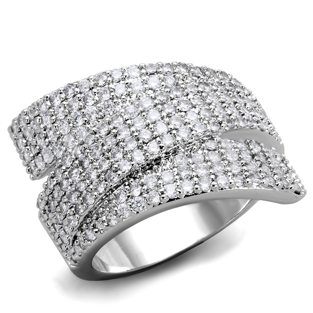 3W883 Rhodium Brass Ring featuring a clear AAA Grade CZ stone, showcasing its elegant design and luxurious finish.