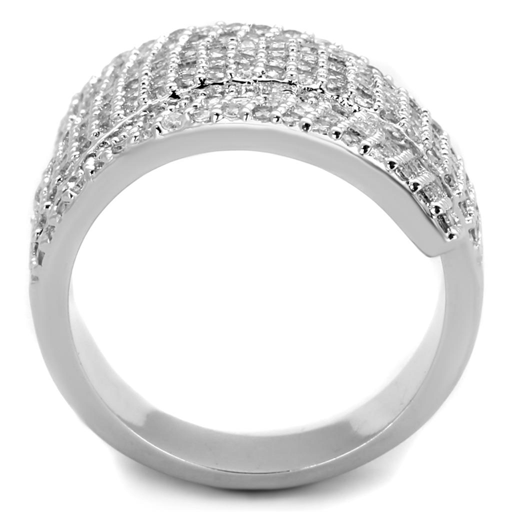 3W883 Rhodium Brass Ring featuring a clear AAA Grade CZ stone, showcasing its elegant design and luxurious finish.