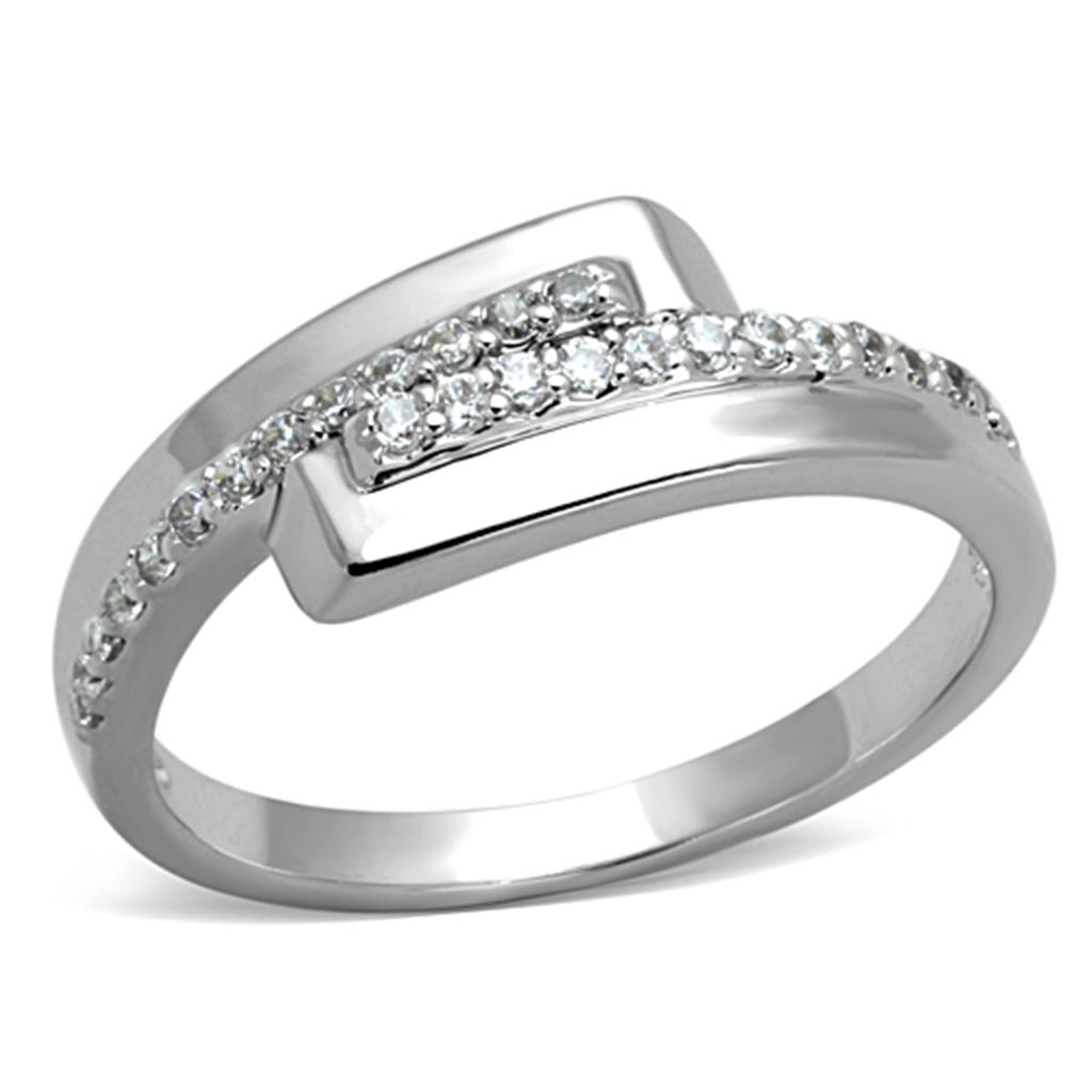 3W835 Rhodium Brass Ring featuring a clear AAA Grade CZ stone, showcasing its elegant design and shiny finish.