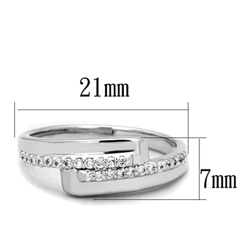 3W835 Rhodium Brass Ring featuring a clear AAA Grade CZ stone, showcasing its elegant design and shiny finish.