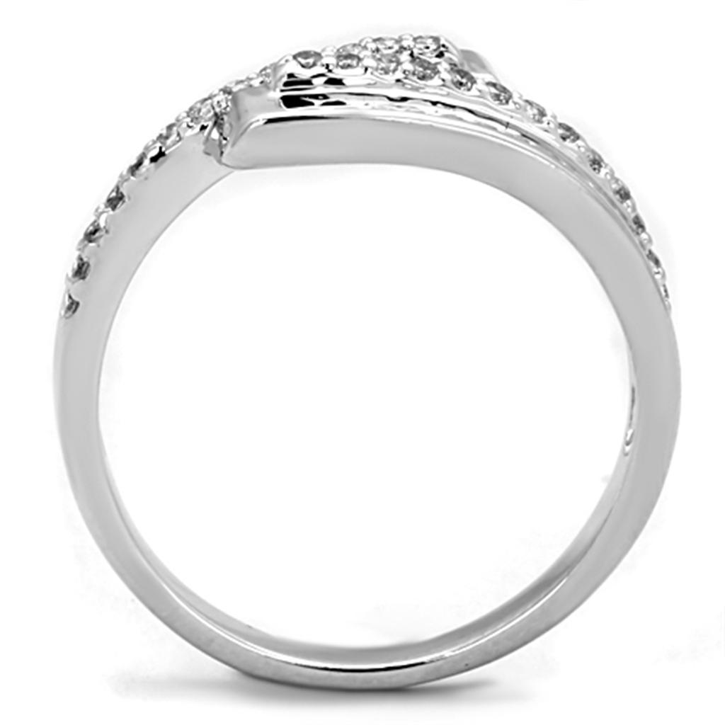 3W835 Rhodium Brass Ring featuring a clear AAA Grade CZ stone, showcasing its elegant design and shiny finish.