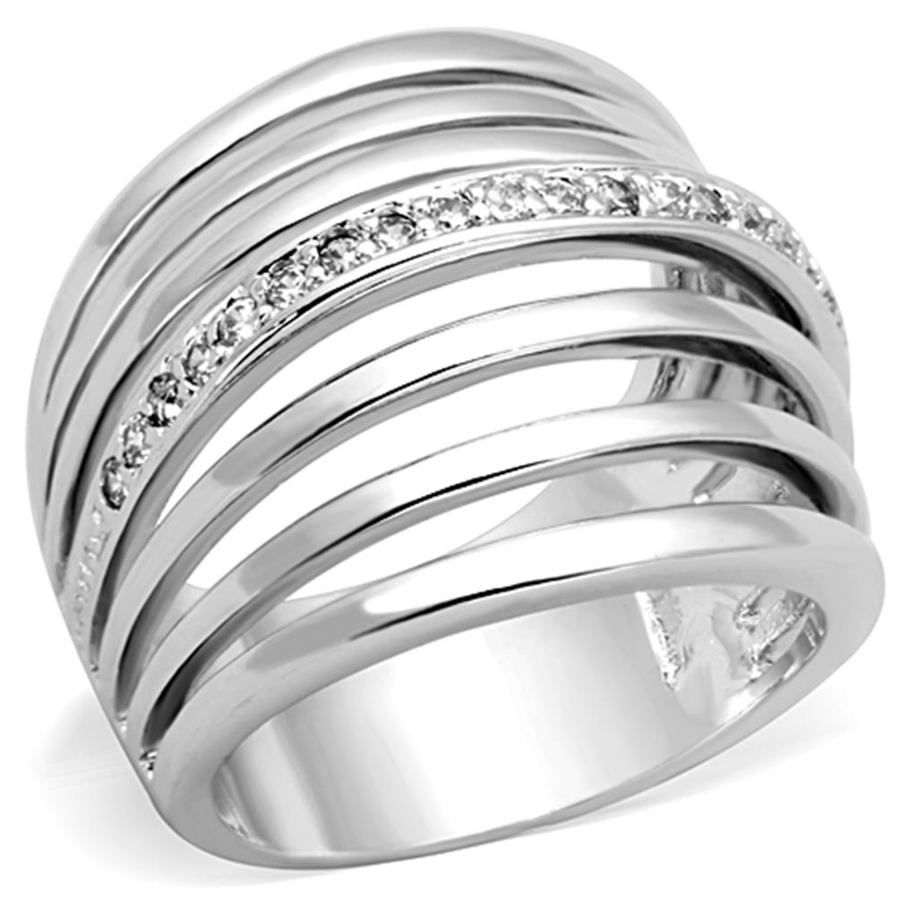 3W837 Rhodium Brass Ring featuring a clear AAA Grade CZ stone, showcasing its elegant design and luxurious finish.