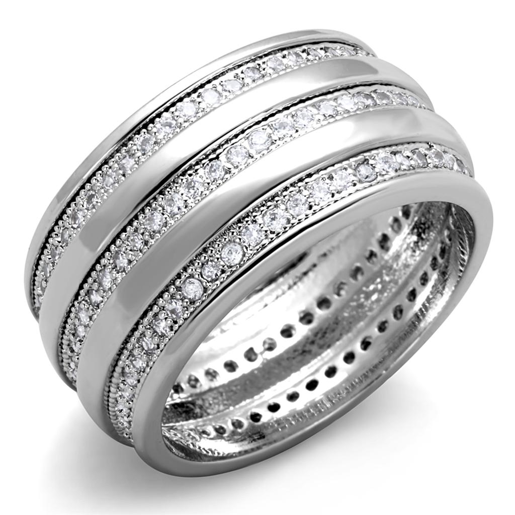 3W884 Rhodium Brass Ring featuring a clear AAA Grade CZ stone, showcasing its elegant design and luxurious finish.