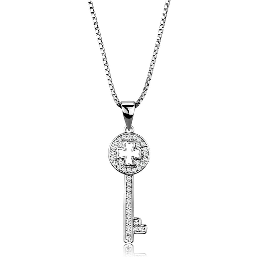 3W851 Rhodium Brass Chain Pendant featuring AAA Grade Clear CZ, showcasing its elegant design and sparkling center stone.