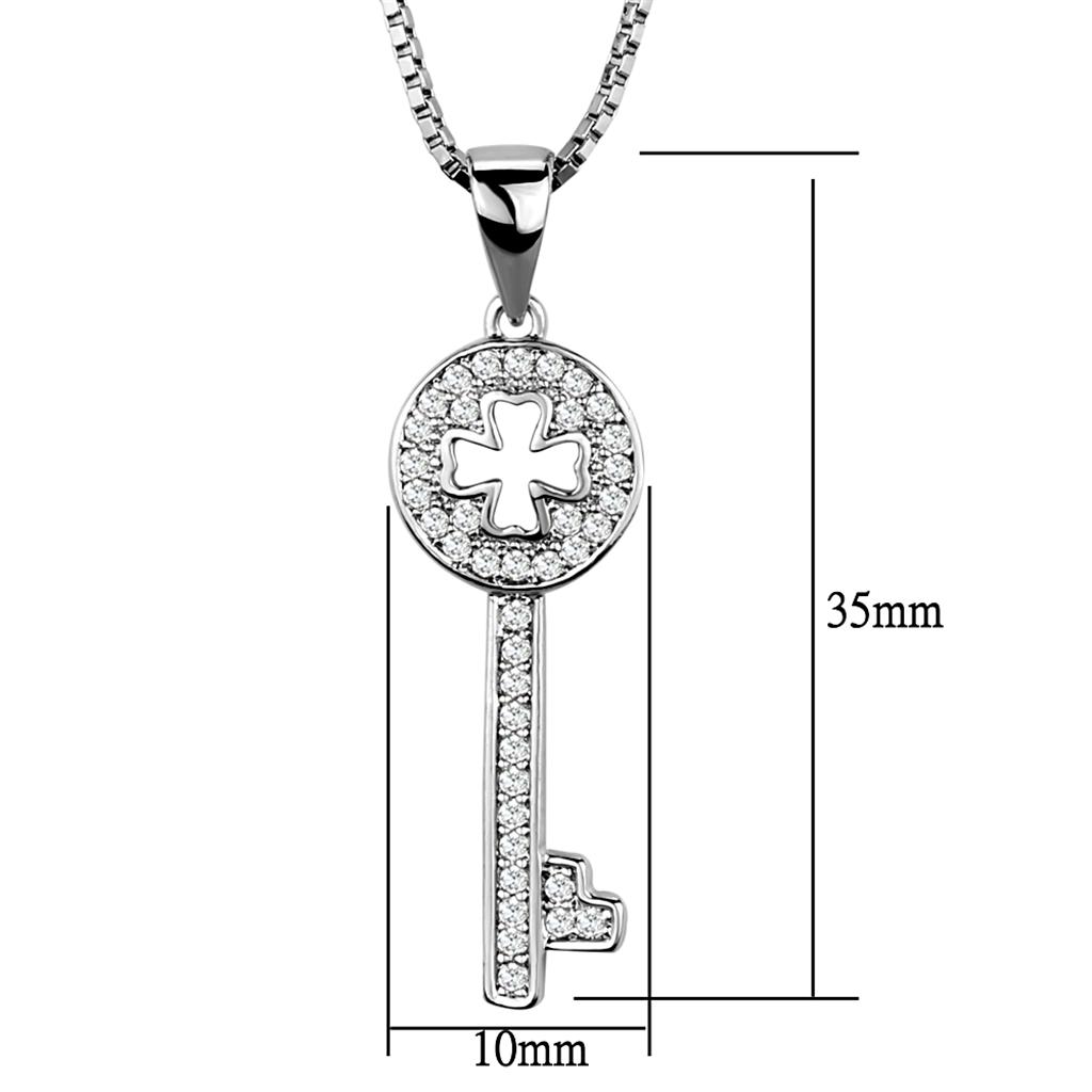 3W851 Rhodium Brass Chain Pendant featuring AAA Grade Clear CZ, showcasing its elegant design and sparkling center stone.