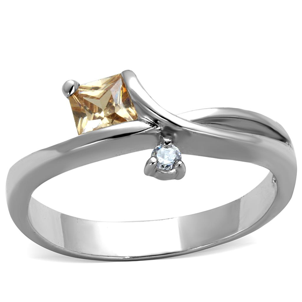 3W852 Rhodium Brass Ring featuring a champagne AAA Grade CZ stone, elegantly designed with a shiny finish.