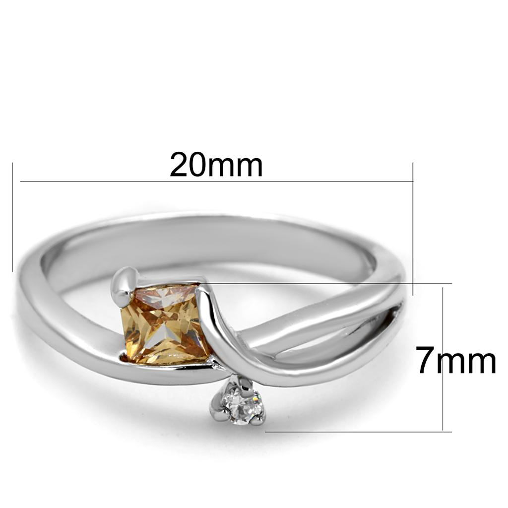 3W852 Rhodium Brass Ring featuring a champagne AAA Grade CZ stone, elegantly designed with a shiny finish.