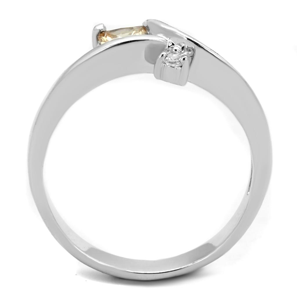 3W852 Rhodium Brass Ring featuring a champagne AAA Grade CZ stone, elegantly designed with a shiny finish.