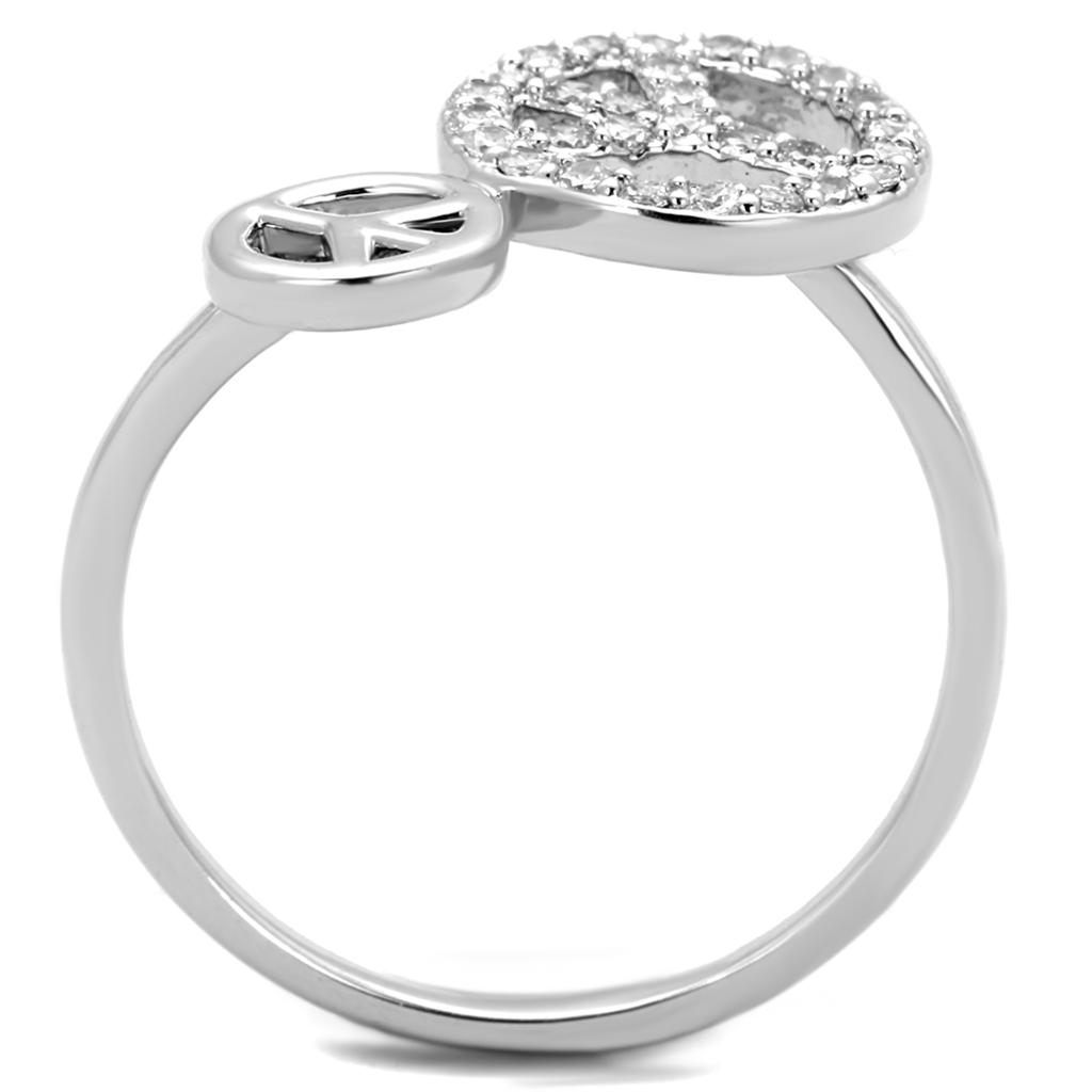 3W853 Rhodium Brass Ring featuring a clear AAA Grade CZ stone, showcasing its elegant design and shiny finish.