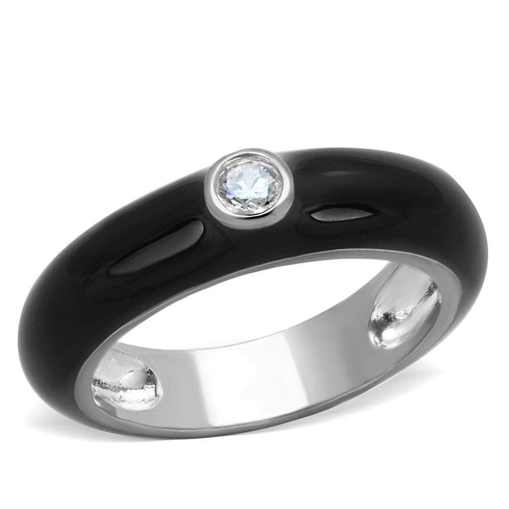 3W873 Rhodium Brass Ring featuring a clear AAA Grade CZ stone, showcasing its elegant design and shiny finish.