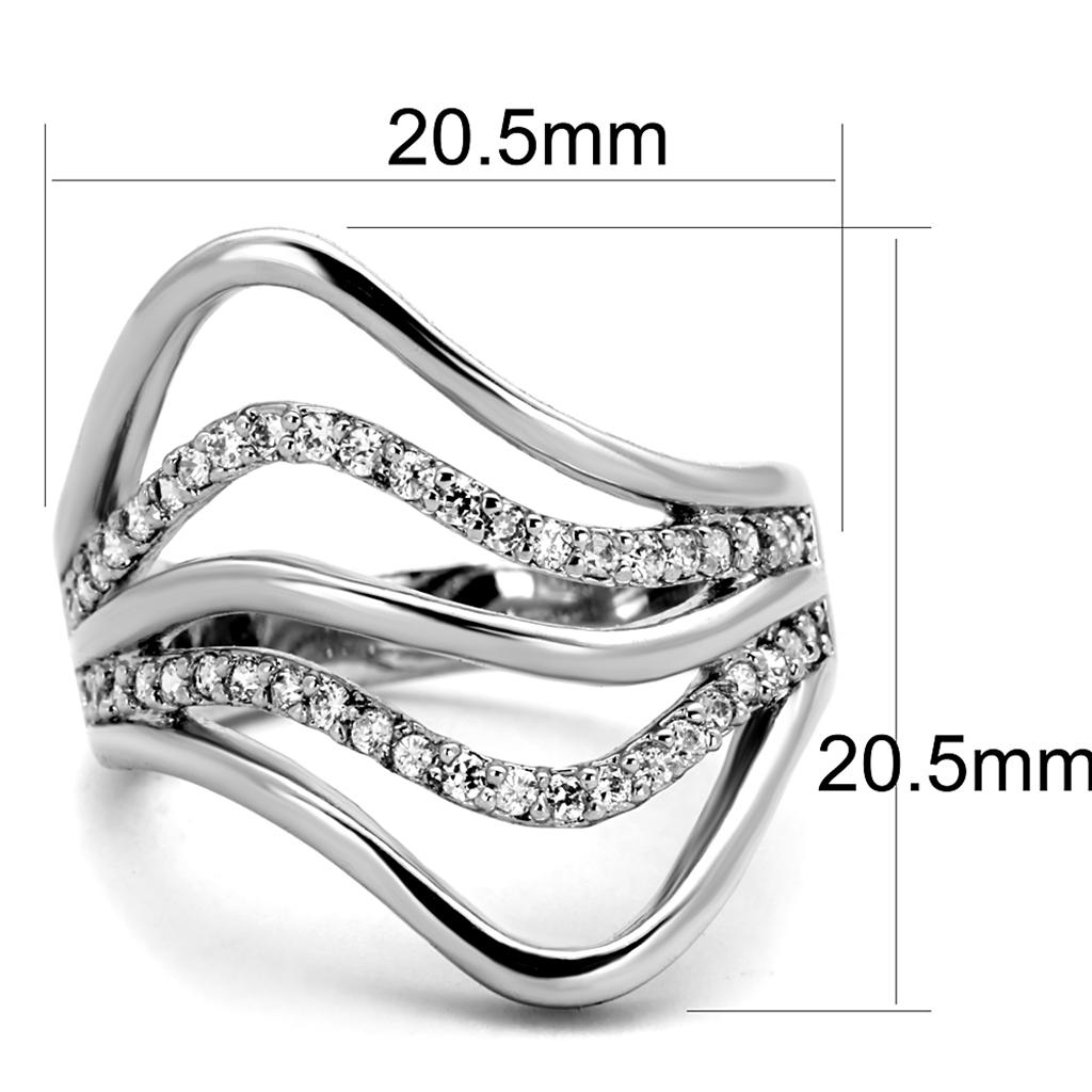 3W878 Rhodium Brass Ring featuring a clear AAA Grade CZ stone, showcasing its elegant design and shiny finish.