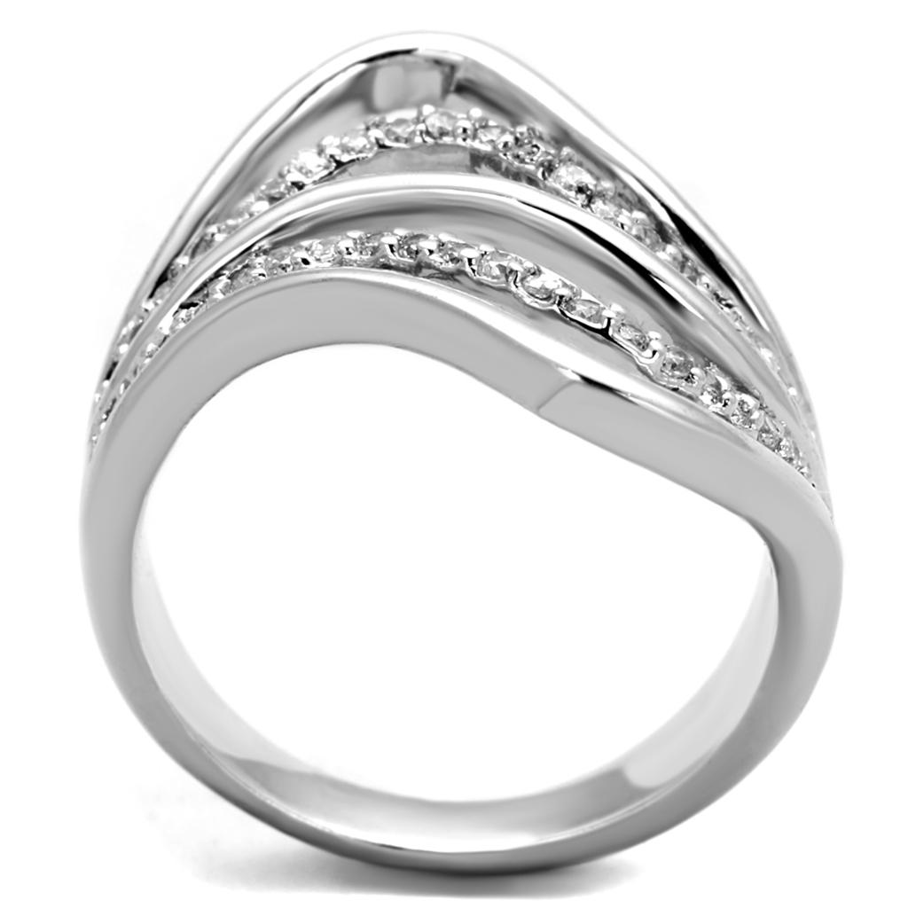 3W878 Rhodium Brass Ring featuring a clear AAA Grade CZ stone, showcasing its elegant design and shiny finish.