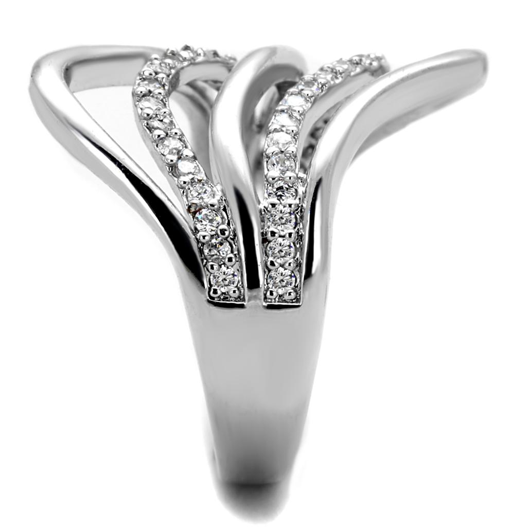 3W878 Rhodium Brass Ring featuring a clear AAA Grade CZ stone, showcasing its elegant design and shiny finish.