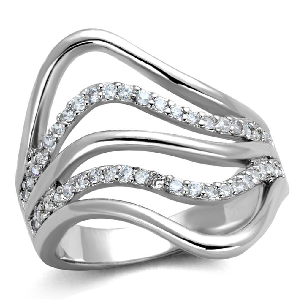 3W878 Rhodium Brass Ring featuring a clear AAA Grade CZ stone, showcasing its elegant design and shiny finish.