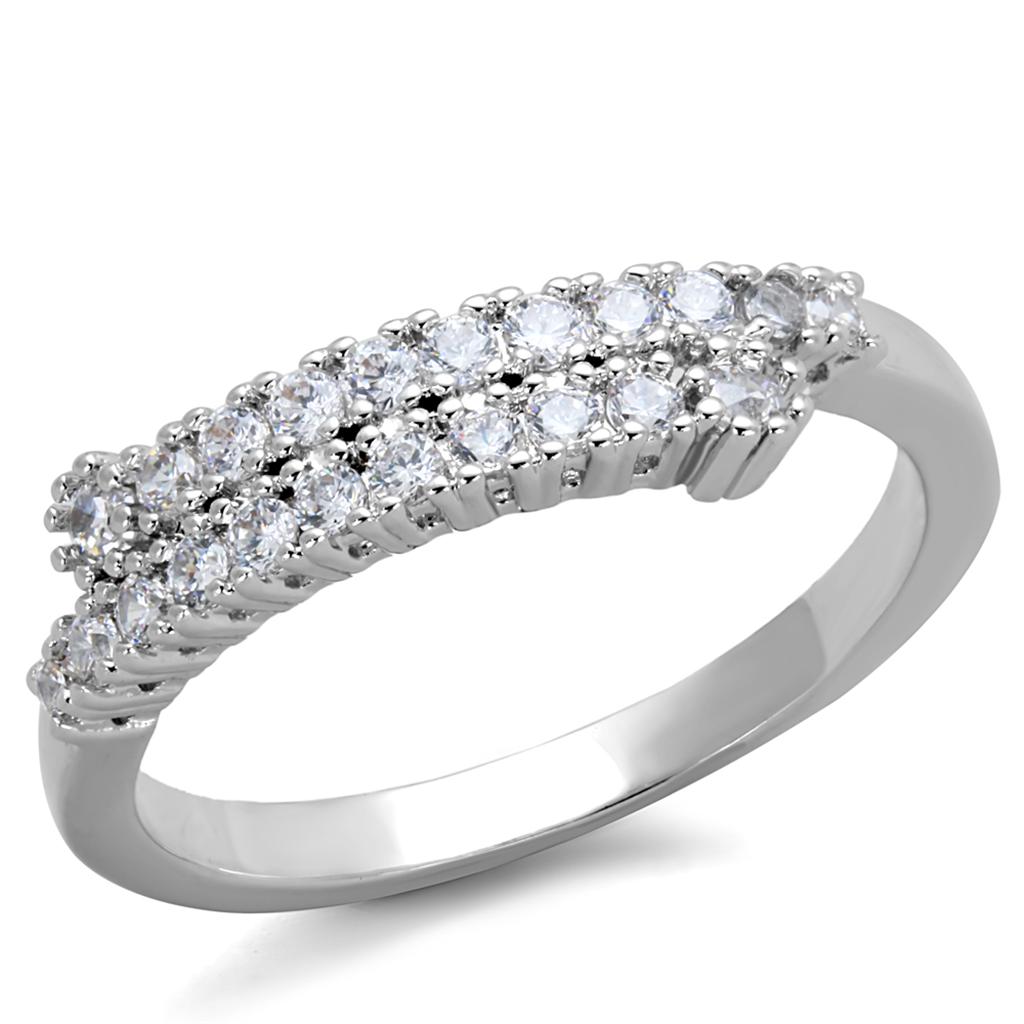 3W879 Rhodium Brass Ring featuring a clear AAA Grade CZ stone, showcasing its elegant design and luxurious finish.