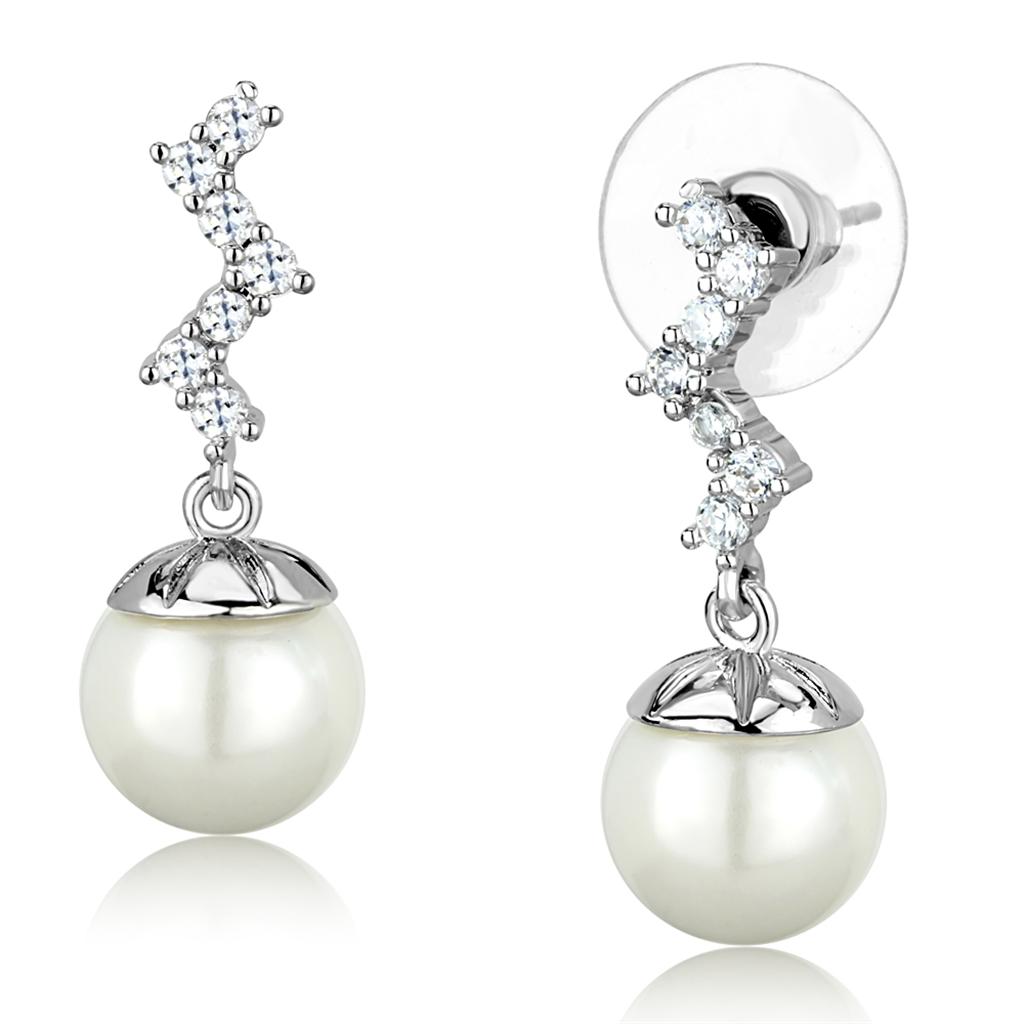 Elegant 3W894 Rhodium Brass Earrings featuring a synthetic white pearl centerpiece, showcasing a luxurious design.