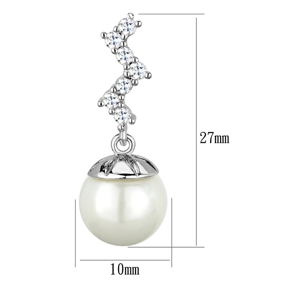 Elegant 3W894 Rhodium Brass Earrings featuring a synthetic white pearl centerpiece, showcasing a luxurious design.