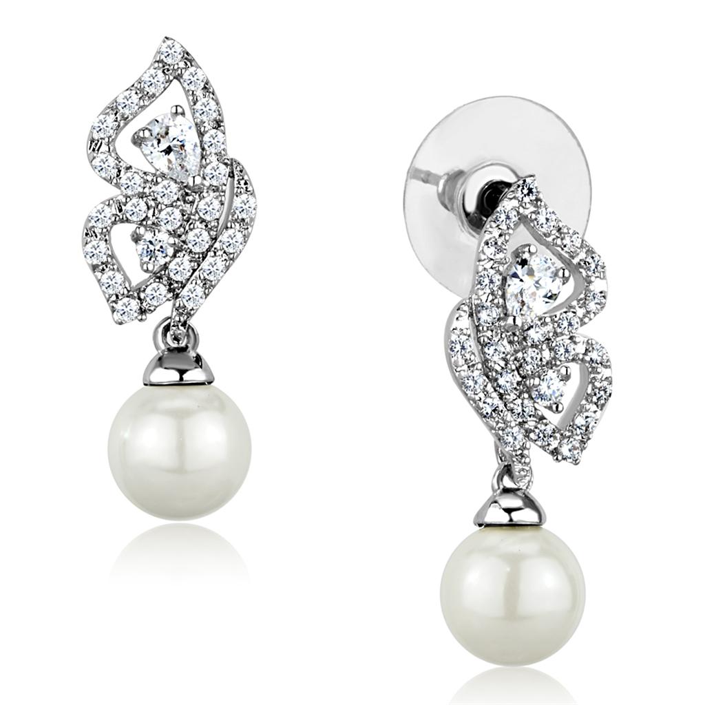 Elegant 3W902 Rhodium Brass Earrings featuring a white synthetic pearl centerpiece, showcasing a luxurious design.