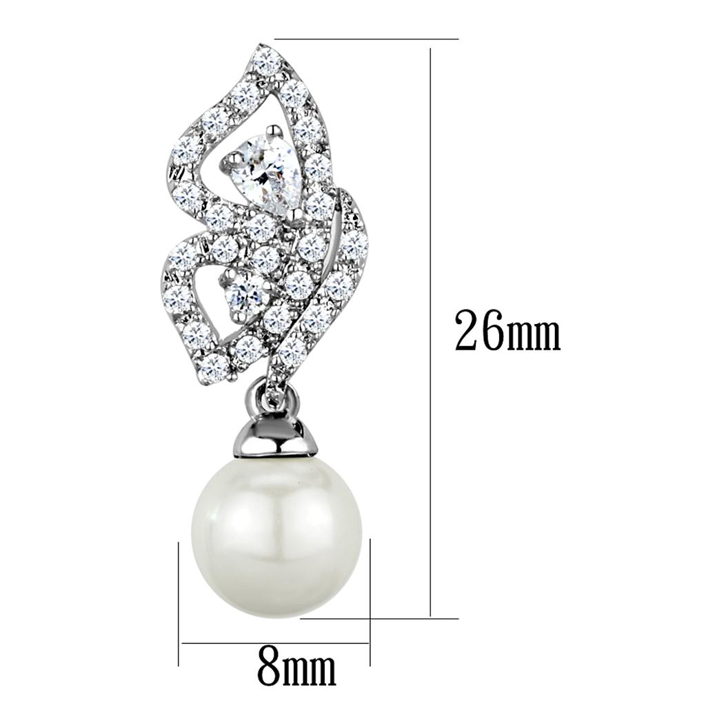 Elegant 3W902 Rhodium Brass Earrings featuring a white synthetic pearl centerpiece, showcasing a luxurious design.