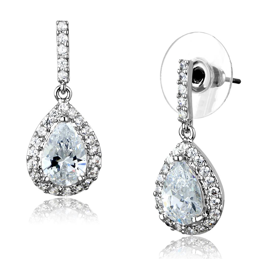 Elegant 3W903 Rhodium Brass Earrings featuring a clear AAA Grade CZ stone, showcasing a luxurious design.