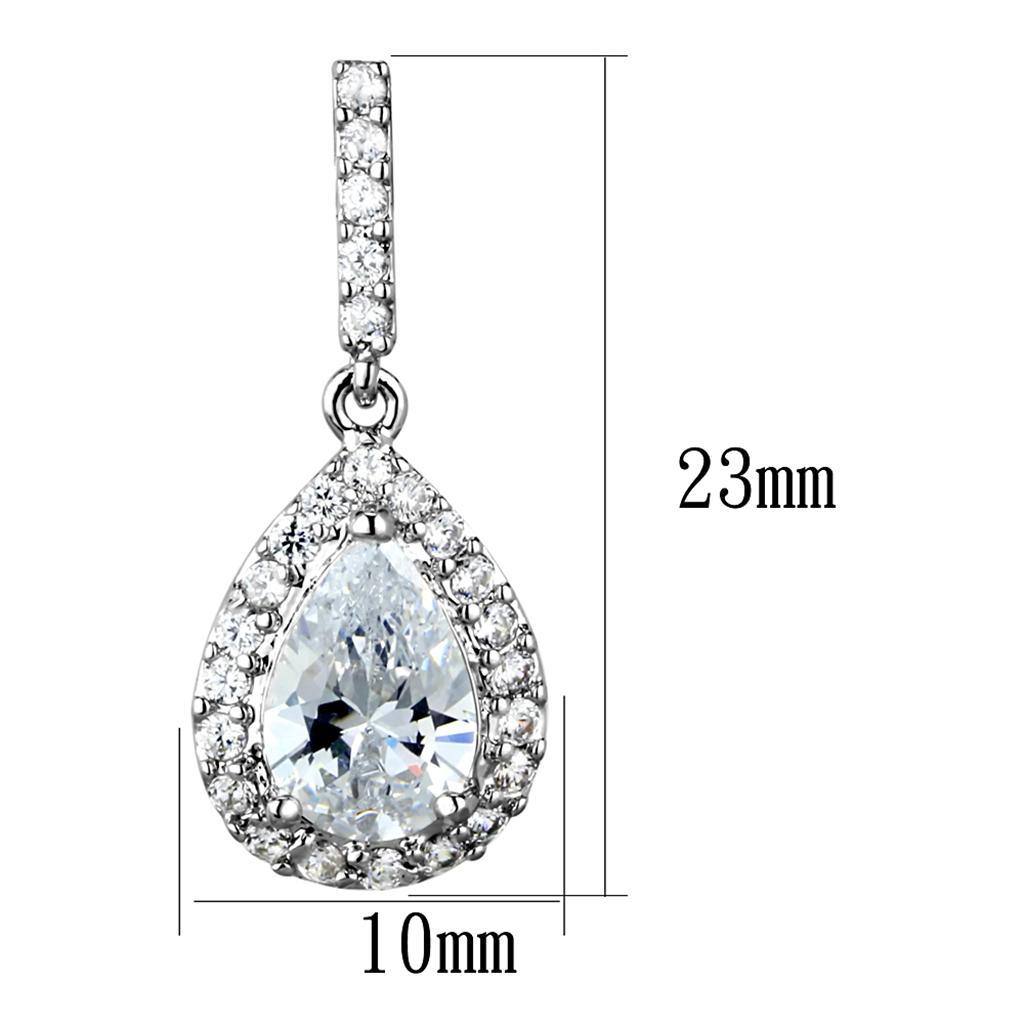 Elegant 3W903 Rhodium Brass Earrings featuring a clear AAA Grade CZ stone, showcasing a luxurious design.