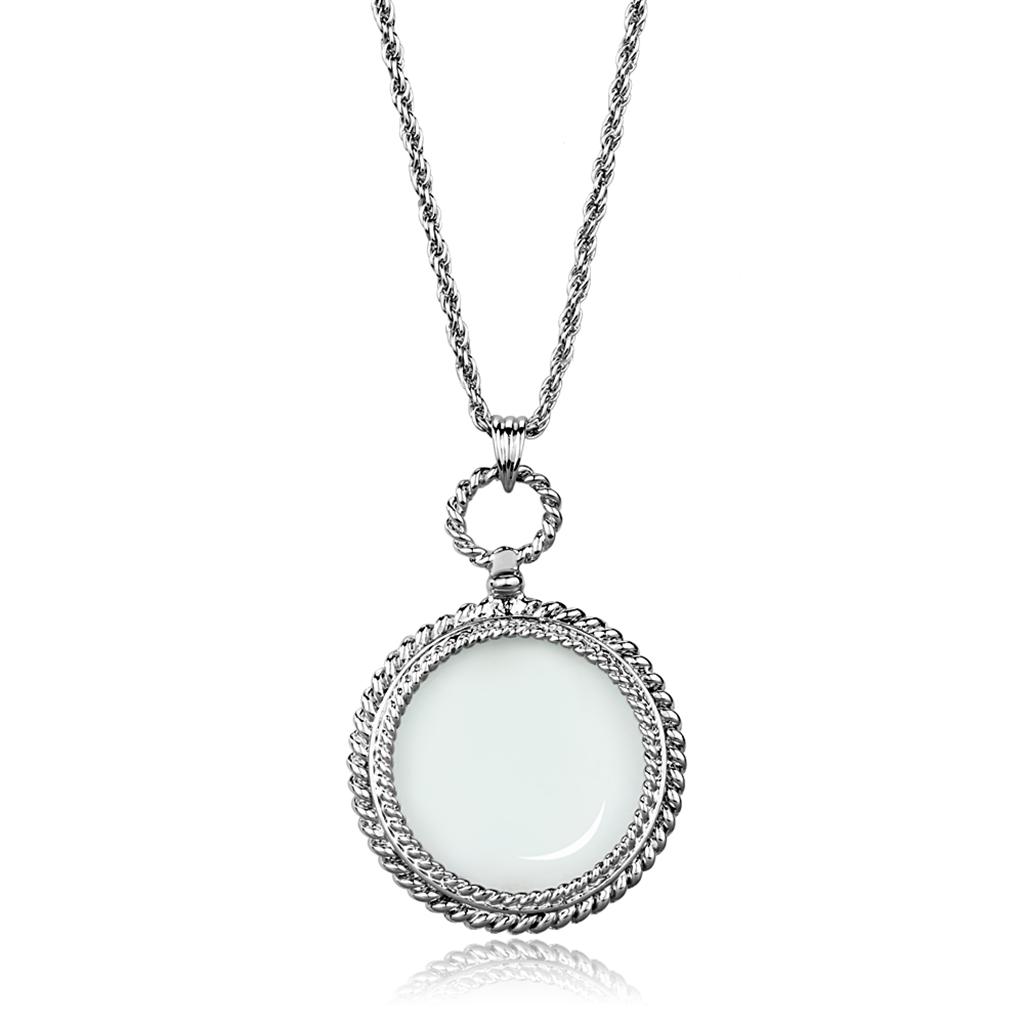 3W909 Rhodium Brass Magnifier pendant featuring a clear synthetic glass center stone, showcasing elegance and functionality.